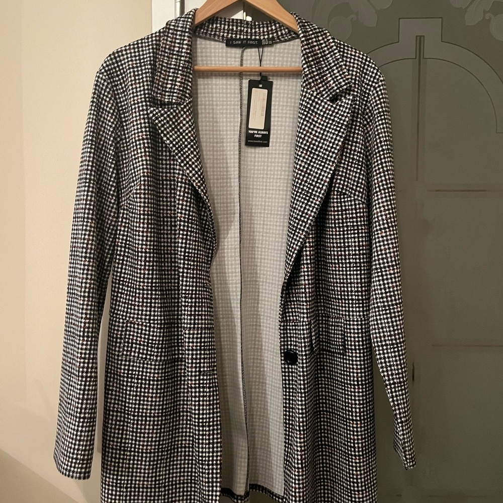 I Saw It First Black and White Trench Coat with Houndstooth Pattern